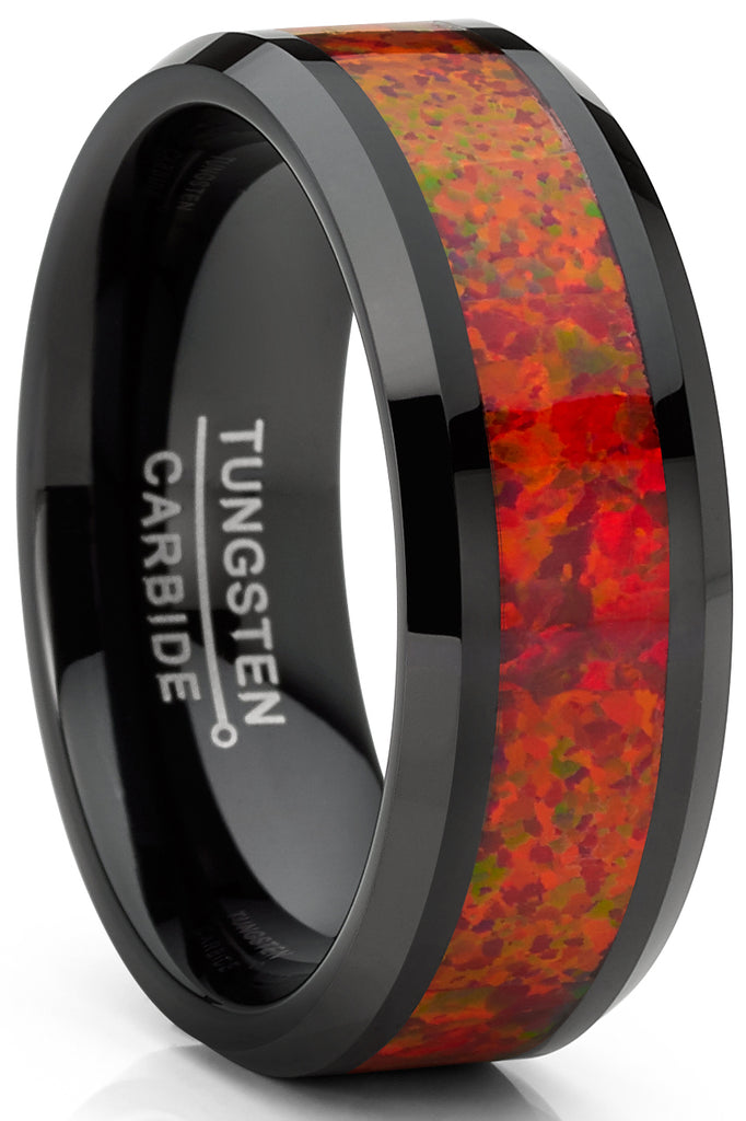 Men's Red Fire Crushed Opal Tungnsten Wedding Band Ring Black 8MM Comfort-Fit