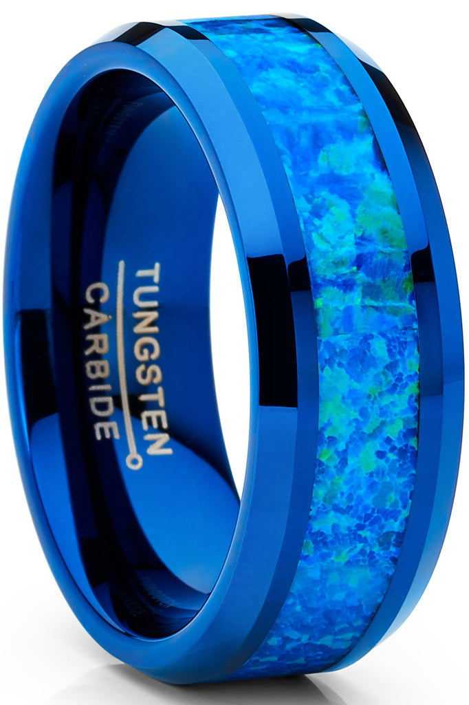 Men's Blue Green Crushed Opal Tungsten Wedding Band Ring Comfort