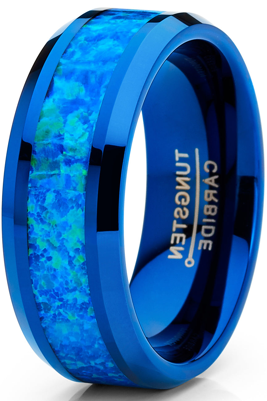 Men's Blue Green Crushed Opal Tungsten Wedding Band Ring Comfort Fit 8 ...