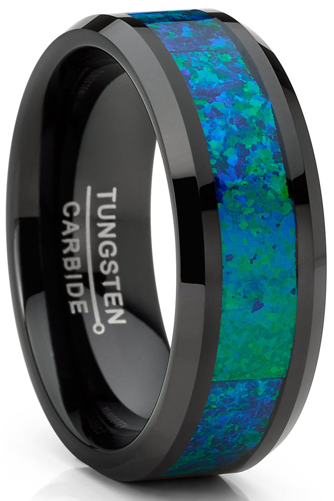 Men's Black Tungsten Carbide Wedding Band Ring Blue Green Crushed Opal 8MM Comfort-Fit
