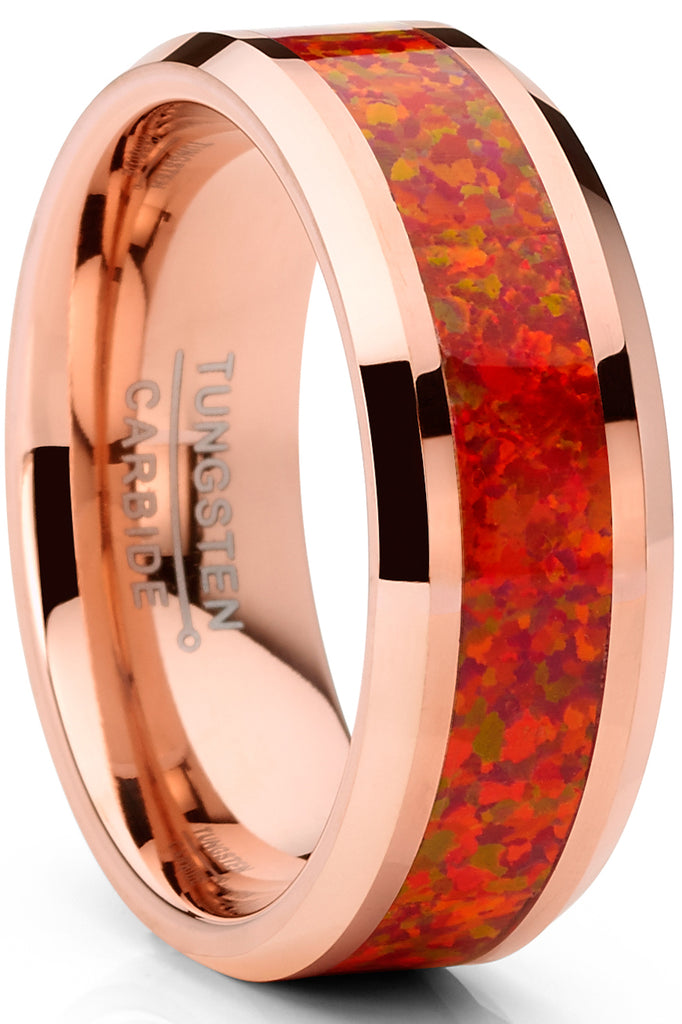 Men's Rosegold-tone Tungsten Carbide Wedding Band Ring Red Opal Inlay 8MM Comfort-Fit