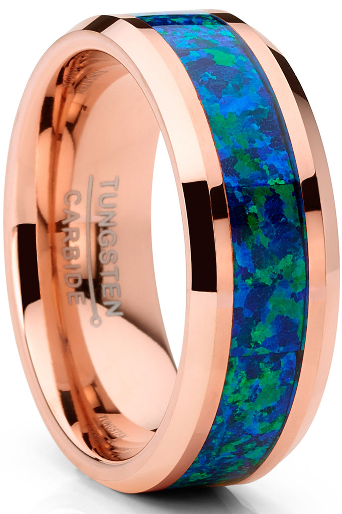 Men's Rosegold-tone Tungsten Carbide Wedding Band Ring Blue Green Opal Inlay 8MM Comfort-Fit