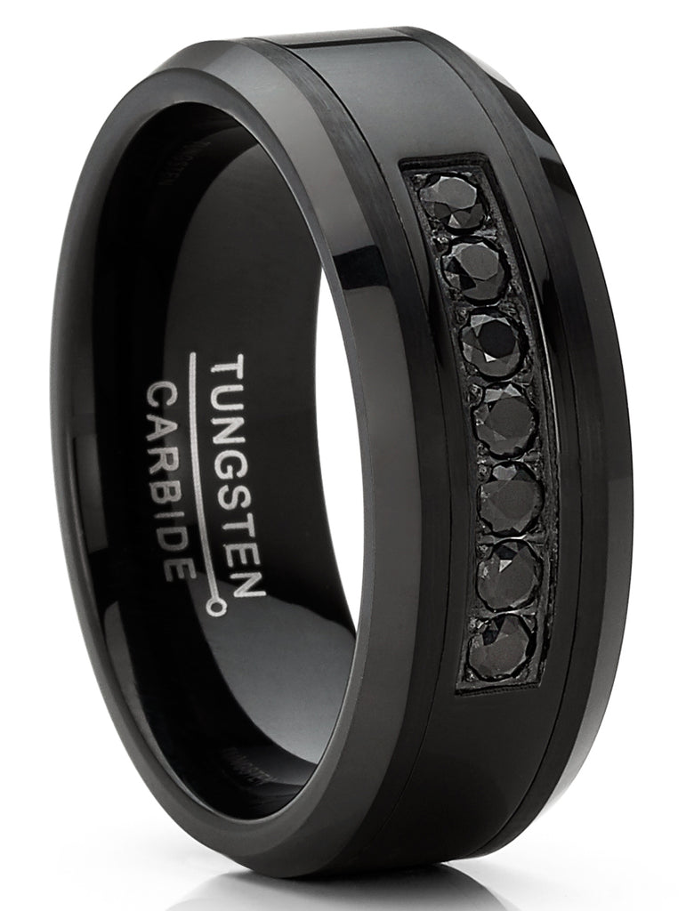 Mens 7 Round Cubic Zirconia Tungsten Ring Black Stainless Steel Wedding Band  8MM