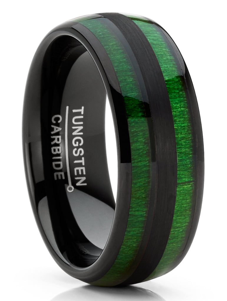 Men's Tungsten Carbide Ring Dome Green Jade Wood Inlay Wedding Band Black 8MM