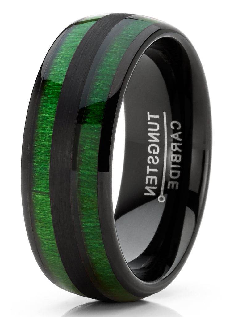 Men's Tungsten Carbide Ring Dome Green Jade Wood Inlay Wedding