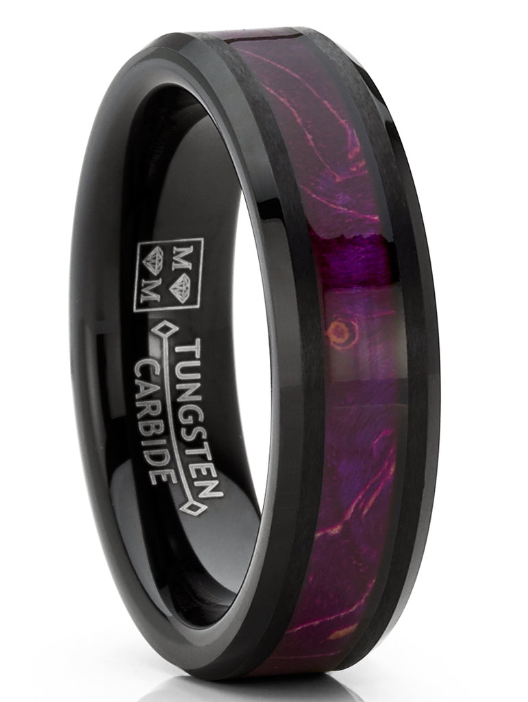 Women's Tungsten Ring Purple Fuchsia Wood Inlay Wedding Band Black 6MM