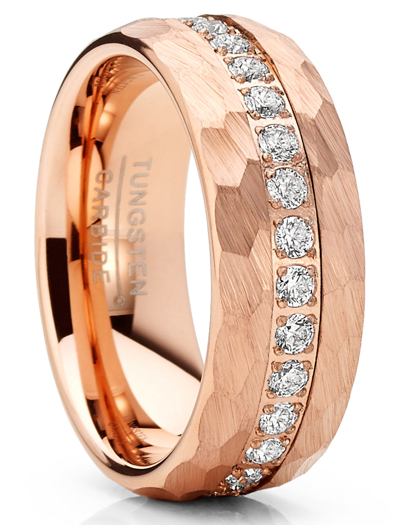 Men Tungsten Rose Goldtone Wedding Band Hammered Eternity Ring Cubic-Zirconia Comfort-Fit 8MM