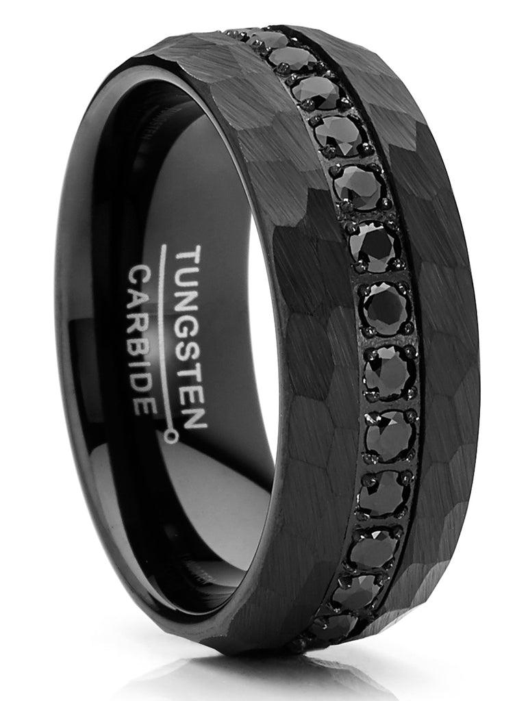Men Tungsten Black Wedding Band Hammered Eternity Ring Cubic-Zirconia Comfort-Fit 8MM