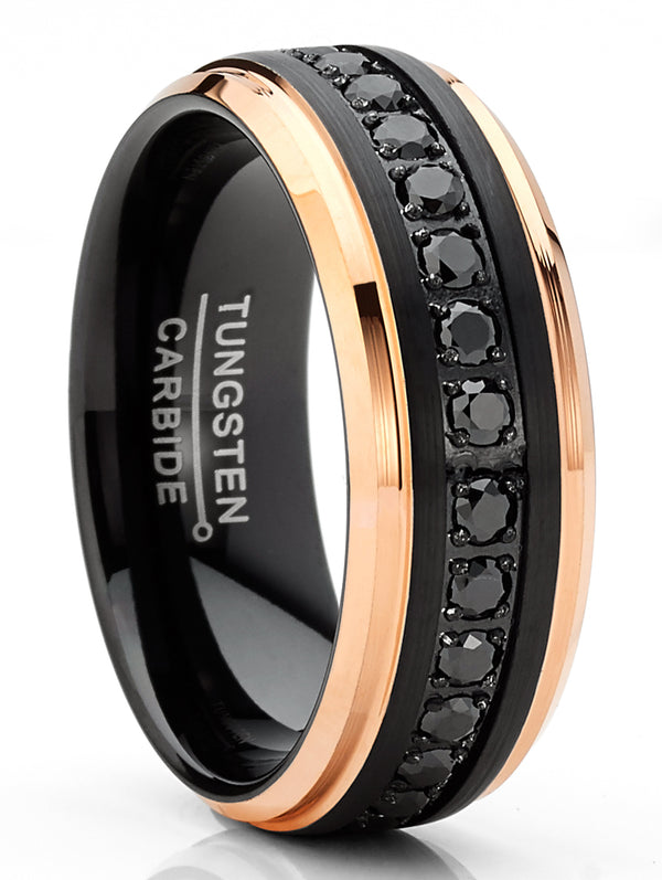 Men Tungsten Two-Tone Wedding Band Hammered Eternity Ring Cubic-Zirconia Comfort-Fit 8MM