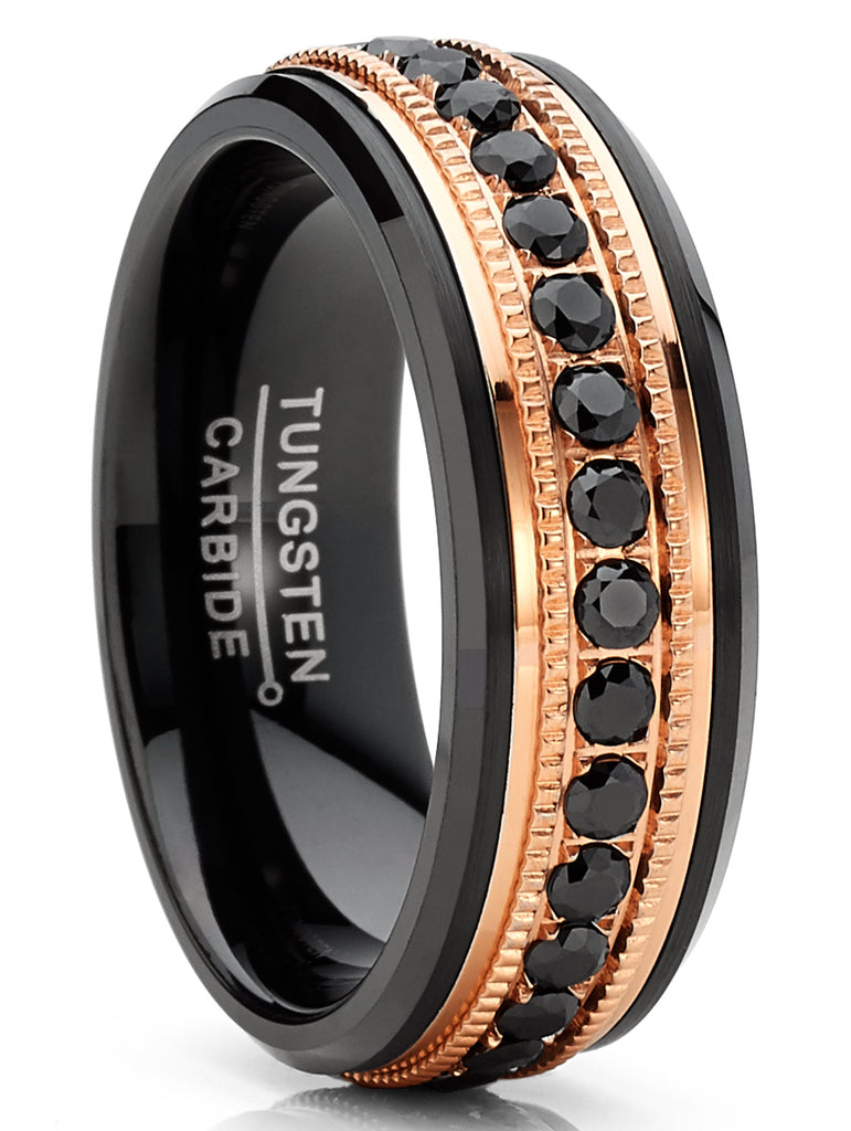 Men Tungsten Black & Rose Goldtone Wedding Band Hammered Eternity Ring Cubic-Zirconia Comfort-Fit 8MM