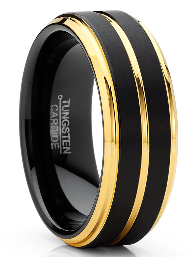 Men Tungsten Two-Tone Wedding Band Grooved Ring 8MM Black Matte Goldtone Silvertone