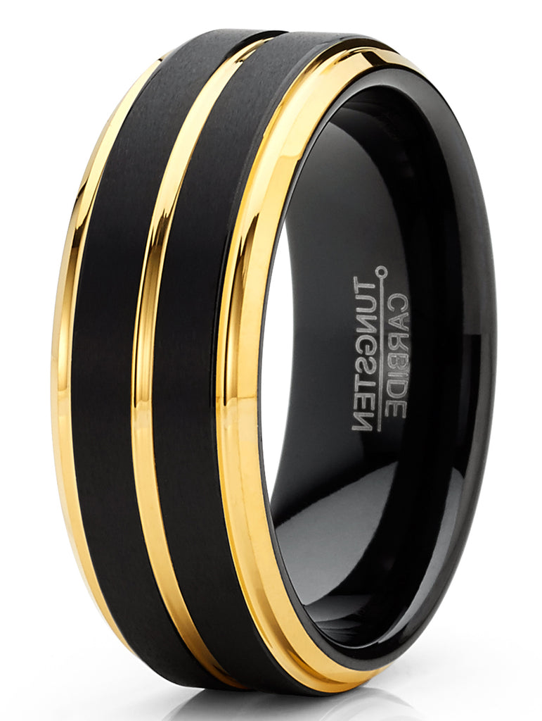 100S JEWELRY Tungsten Rings Men Wedding Bands Black Matte Gold Grooved