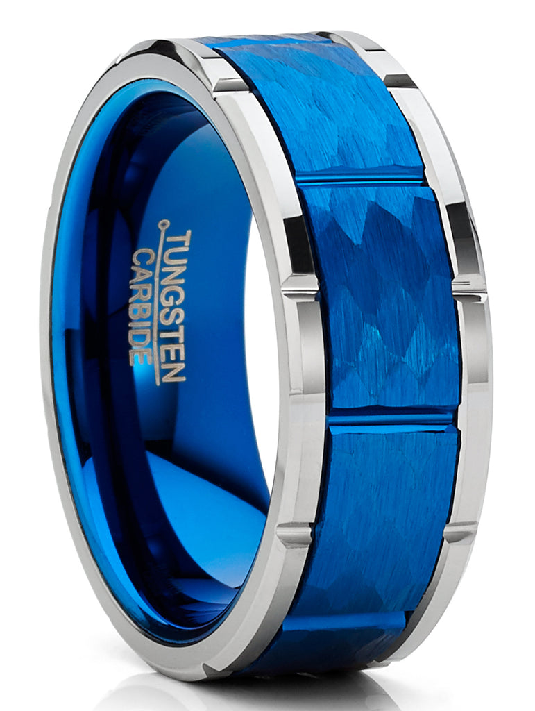 Men Tungsten Blue Wedding Band Hammered Ring Comfort-Fit 8MM Silvertone