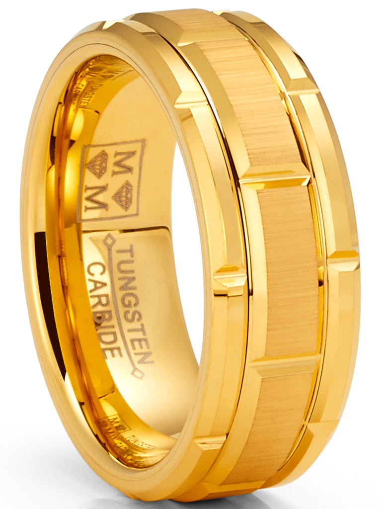 Tungsten Carbide Brick Pattern Wedding Band Engagement Ring 8MM Comfort-Fit Goldtone