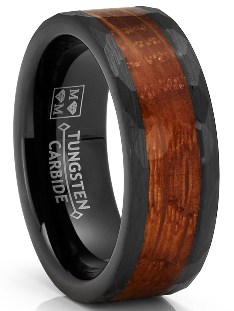 Mens Whiskey Barrel Oakwood Tungsten Carbide Ring Wedding Band Black Inlay 8MM