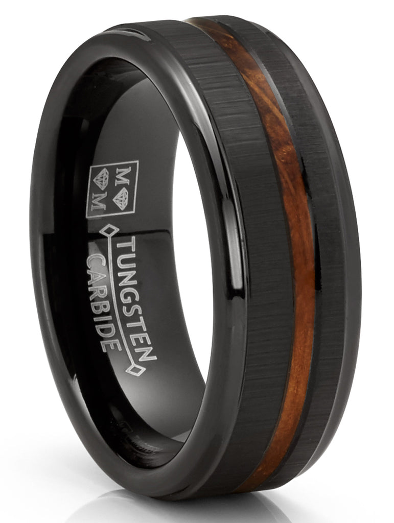 Mens Whiskey Barrel Oakwood Horizontal Brushed Tungsten Carbide Ring Wedding Band Black Inlay 8MM
