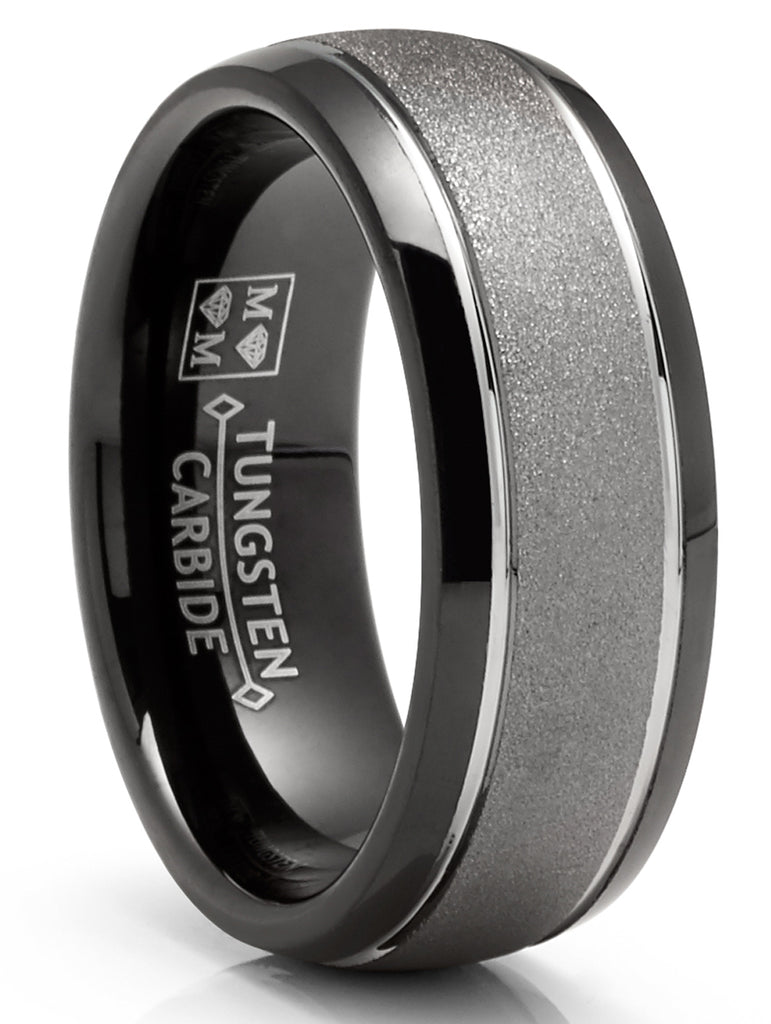 Mens Two-Tone Sandlasted Tungsten Carbide Ring Dome Wedding Band Black Inlay 8MM