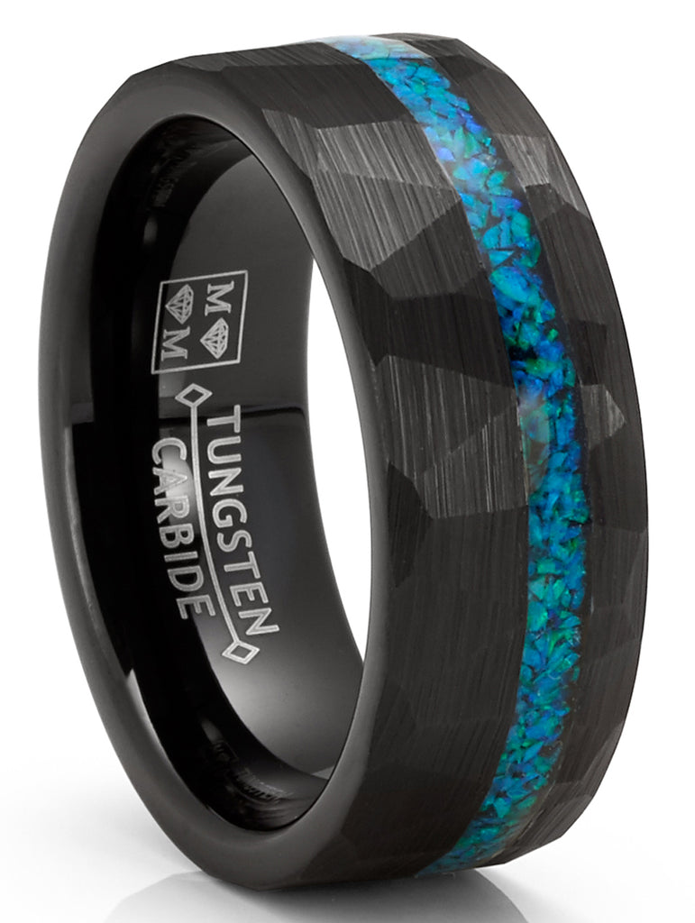 Mens Crushed Opal Tungsten Carbide Ring Dome Wedding Band Simulated Black Inlay 8MM