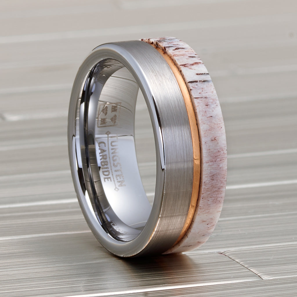 8mm,Unique,Gun Metal,Gray Brushed,Rose Gold Groove,Tungsten RIng,Unise