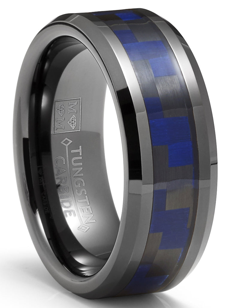 Mens Gunmetal Tungsten Carbide Ring Black Blue Carbon Fiber Inlay Wedding Band 8MM