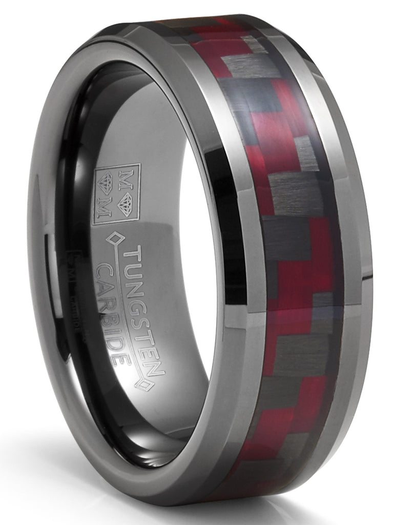 Mens Gunmetal Tungsten Carbide Ring Black Red Carbon Fiber Inlay Wedding Band 8MM