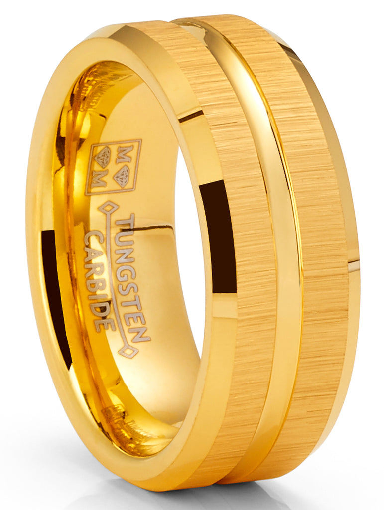 Mens Tungsten Carbide Ring Brushed Goove Wedding Band Goldtone 8MM