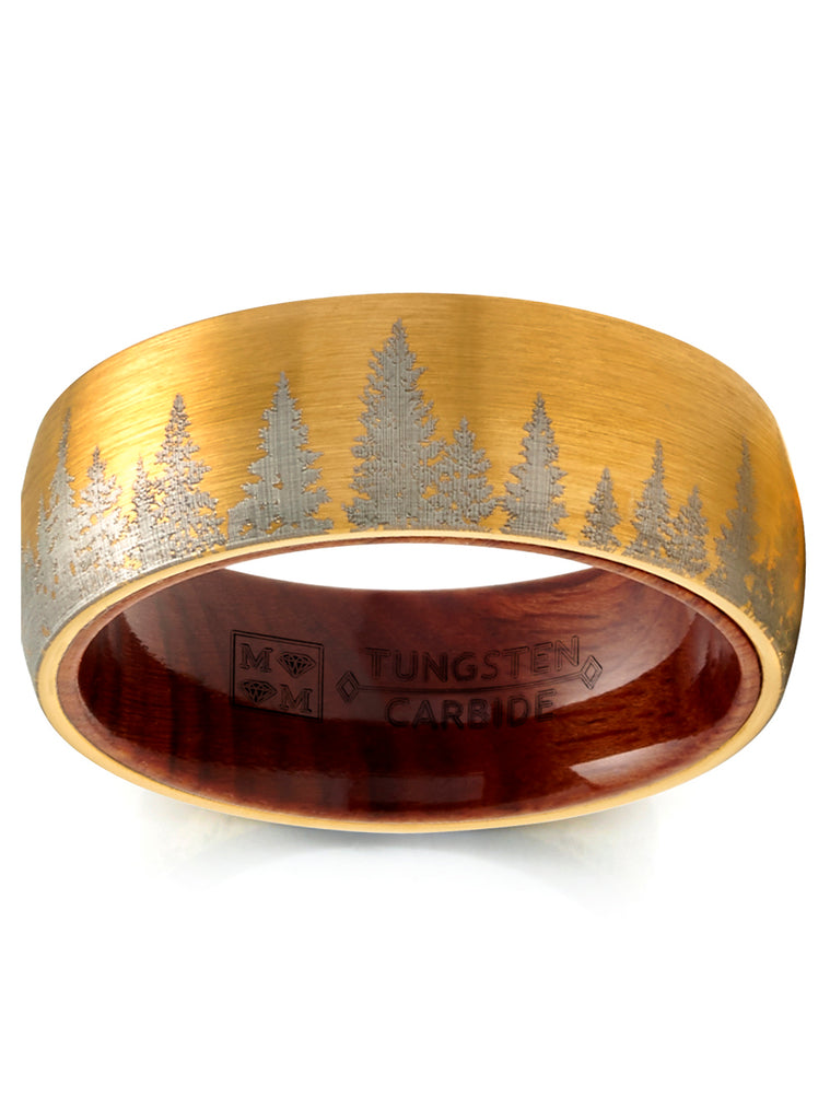 Mens Pine tree Tungsten Carbide Ring Whiskey Barrel Oakwood Wedding Band Goldtone 8MM