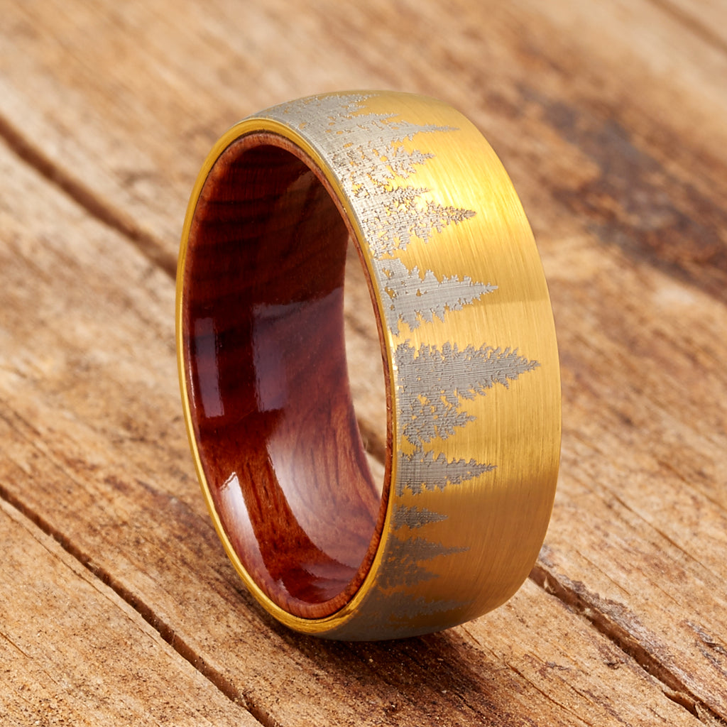 Mens Pine tree Tungsten Carbide Ring Whiskey Barrel Oakwood