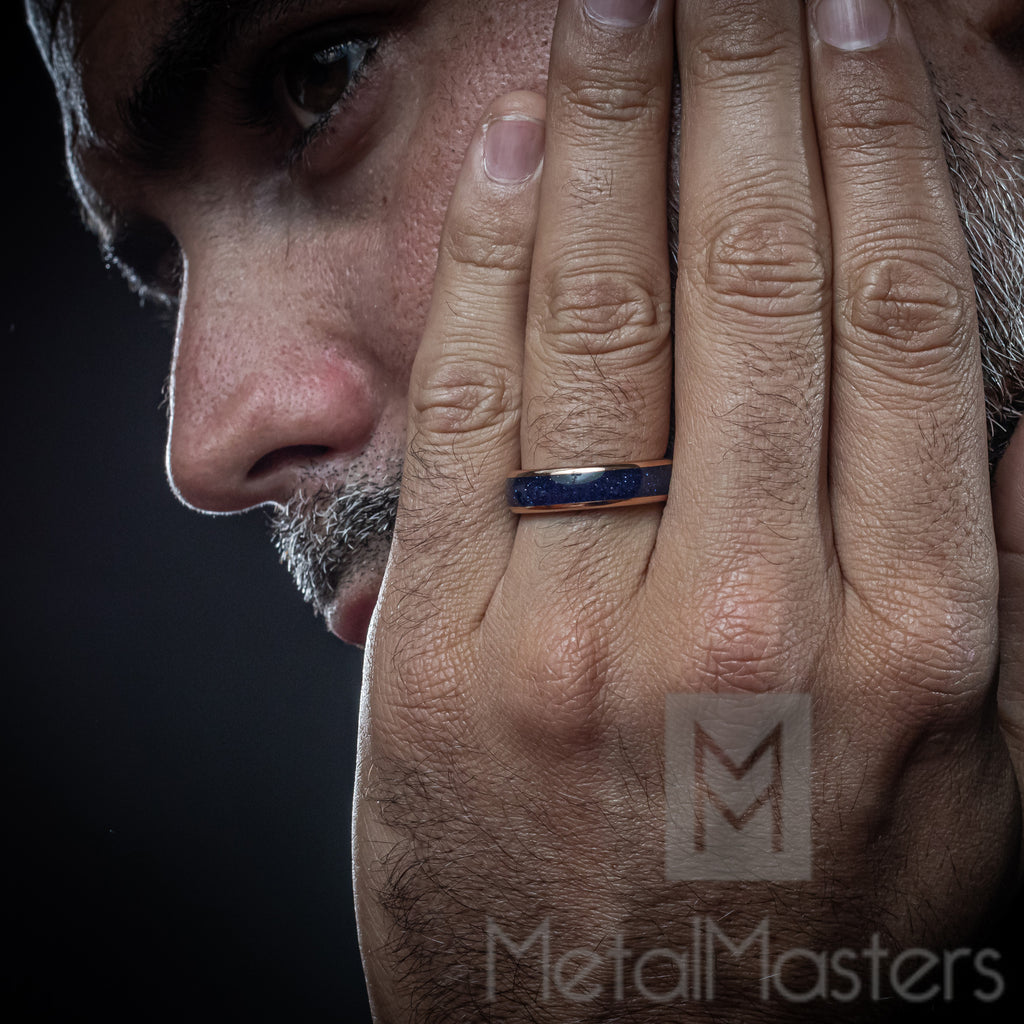 8mm Blue Lapis & Koa Wood Rose Gold Tungsten Unisex Ring