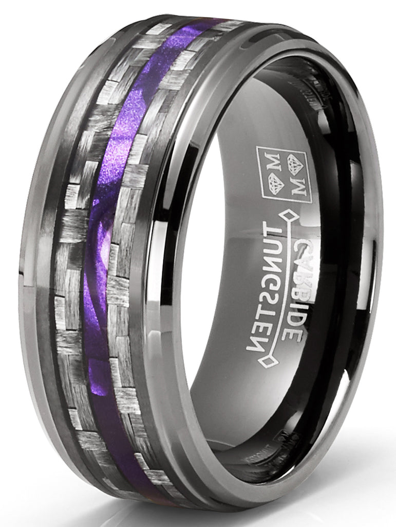Black Tungsten Men's Ring with Purple Groove