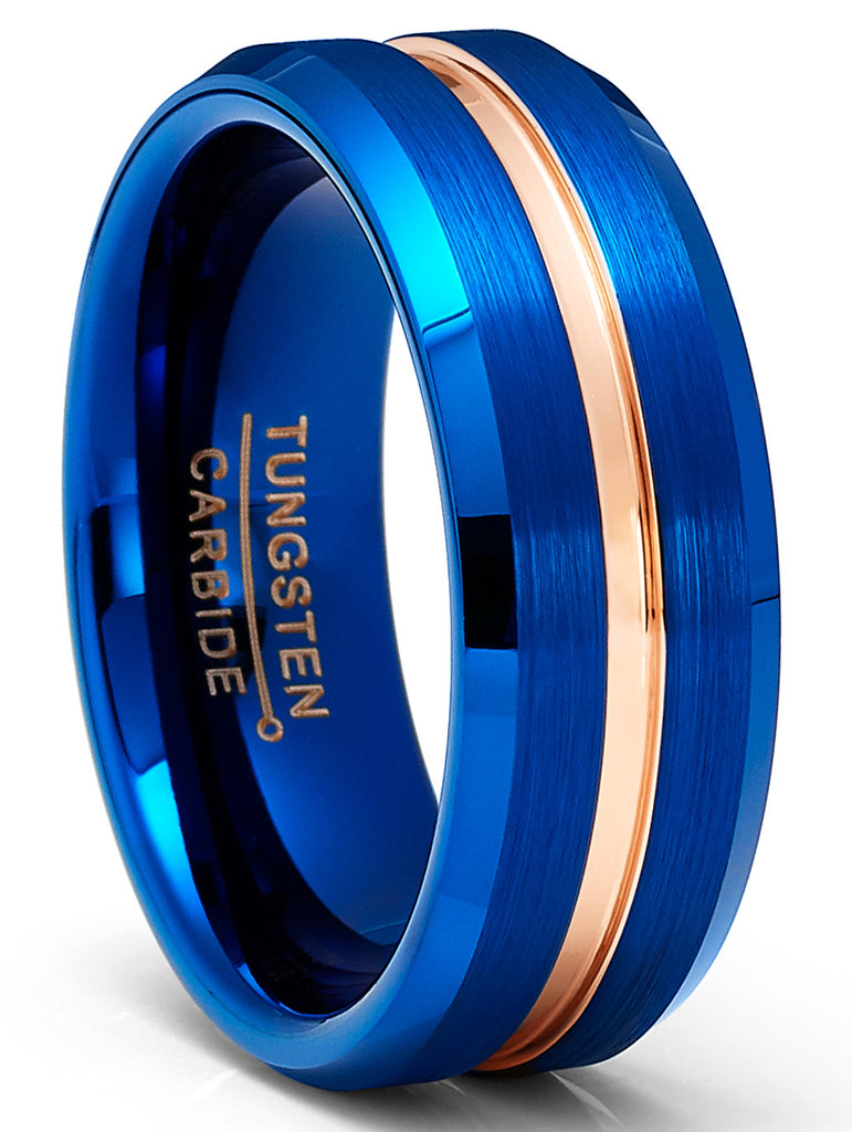 Mens Blue Tungsten Carbide Ring Rosegold Grooved Wedding Band 8MM