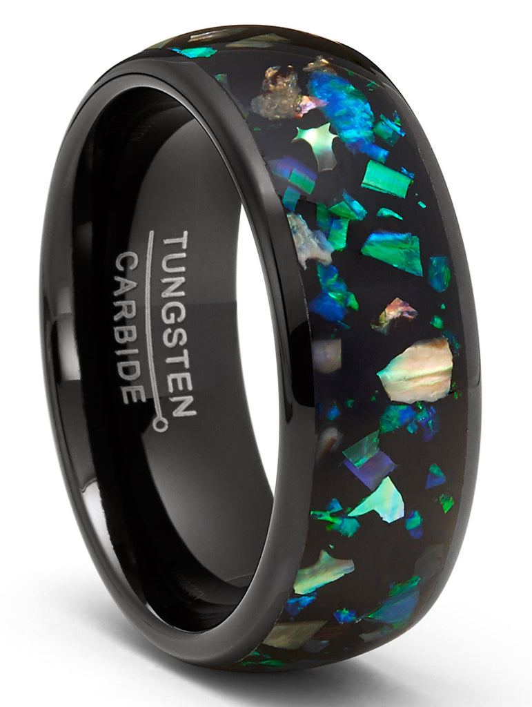 Mens Crushed Opal Abalone Tungsten Carbide Ring Dome Wedding Band Black 8MM