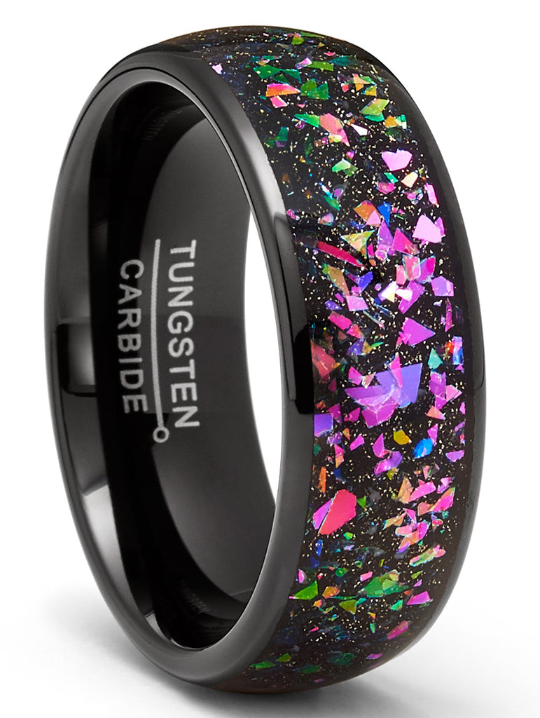 Mens Crushed Opal Abalone Tungsten Carbide Ring Wedding Band Black 8MM