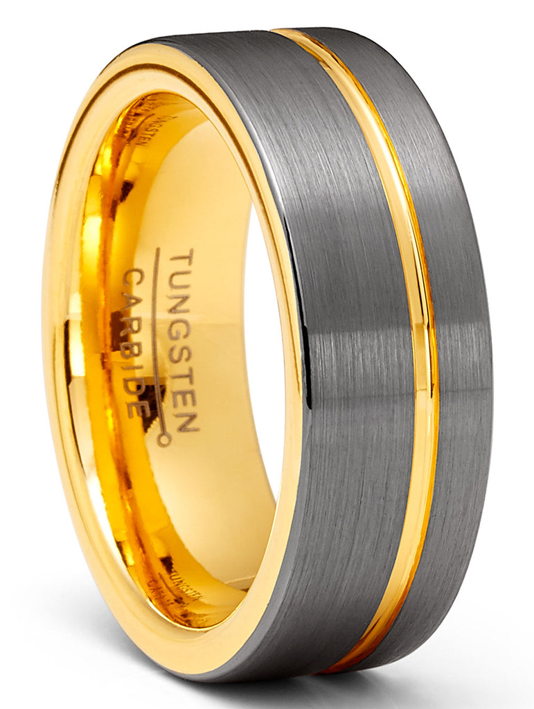 Mens Gunmetal Tungsten Carbide Ring Goldtone Grooved Wedding Band Comfort-Fit 8MM