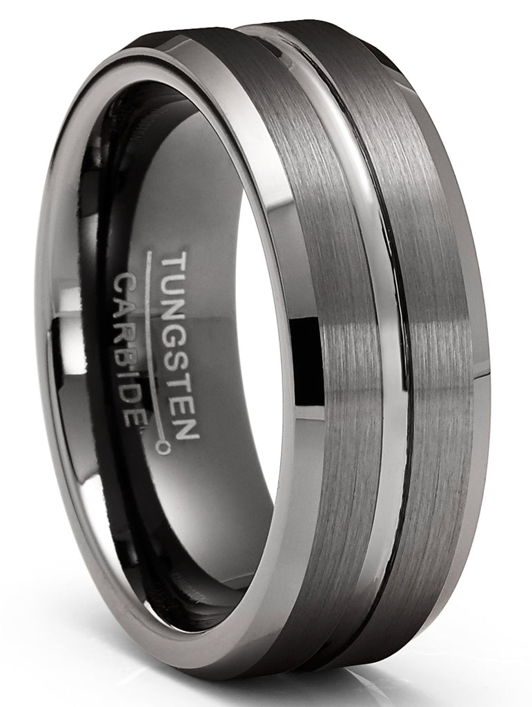 Mens Tungsten Carbide Ring Grooved Wedding Band Gunmetal Comfort-Fit 8MM