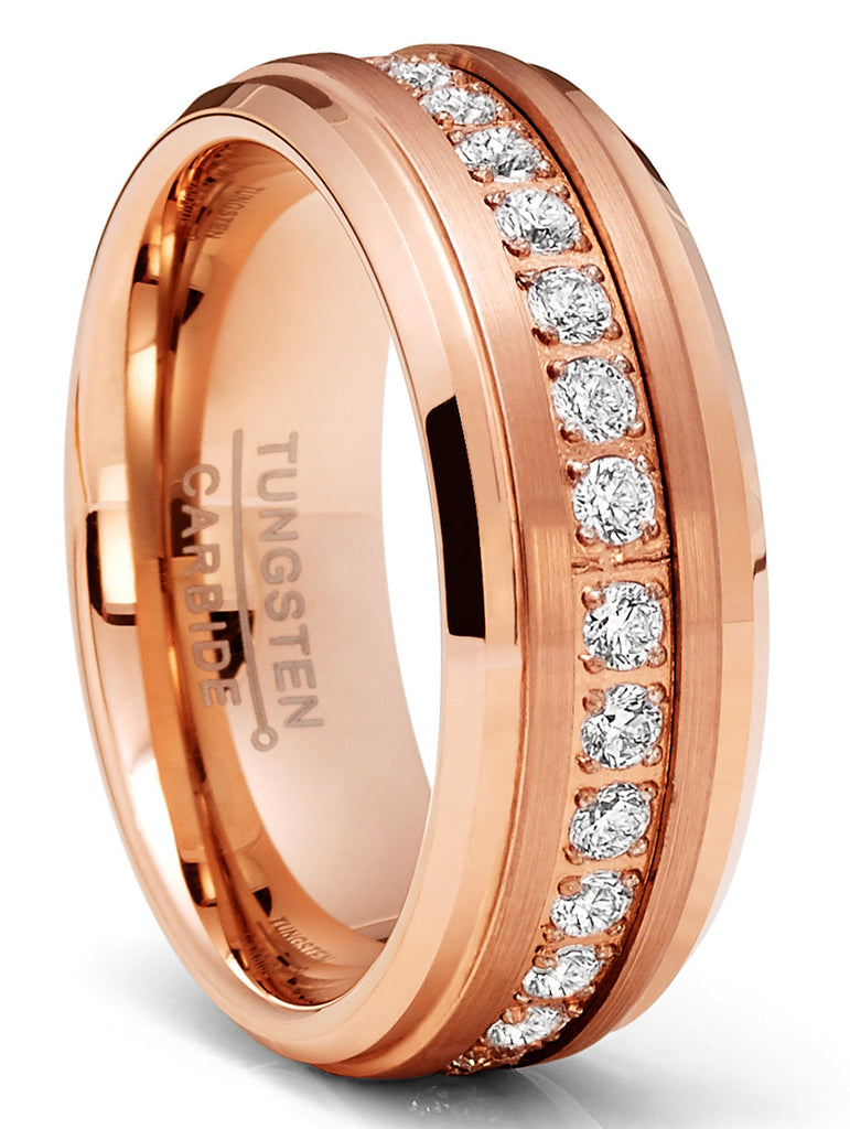 Rosegold-tone Tungsten Eternity Ring Wedding Band Round CZ Comfort-Fit 8MM