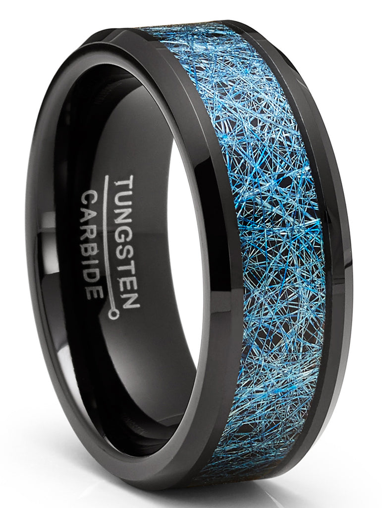 Mens Blue Silk Thread Tungsten Carbide Ring Black Wedding Band Comfort-Fit 8MM