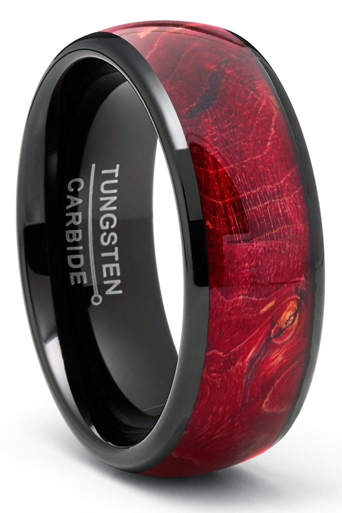 Men's Black Tungsten Ring Wedding Band Red Wood Burl 8MM Comfort-Fit