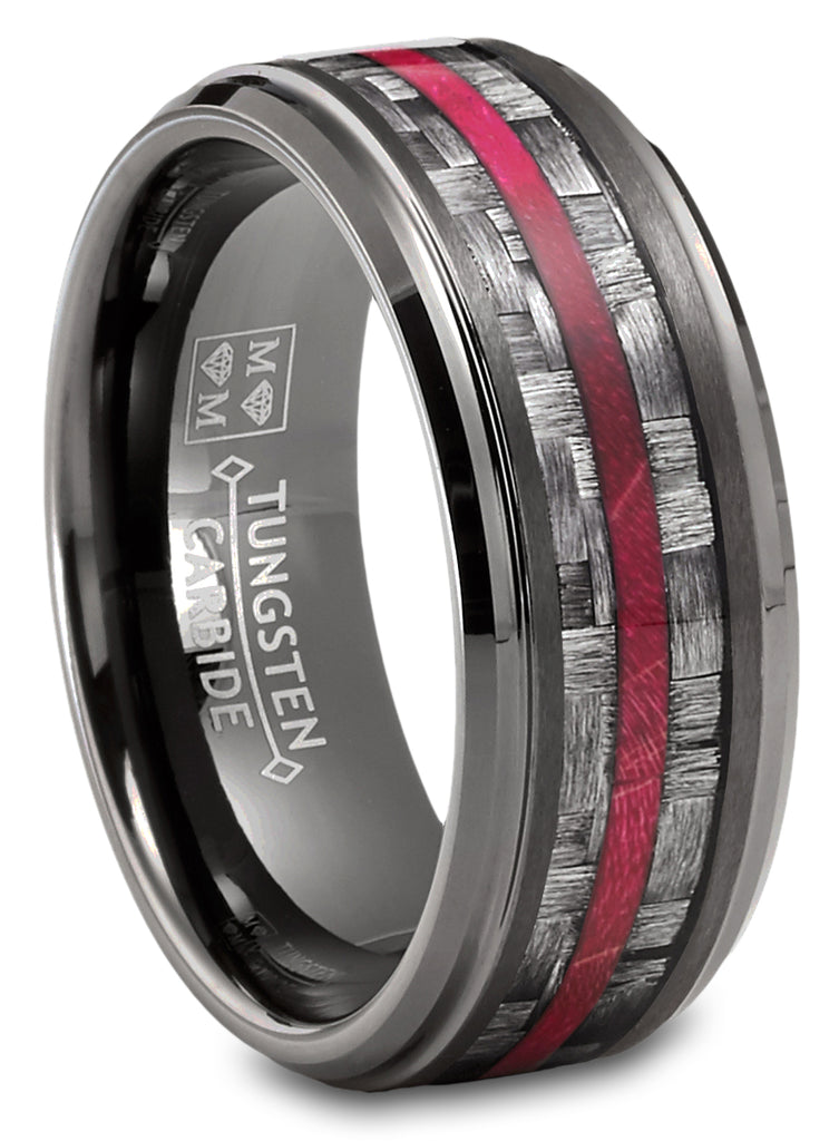 Mens Carbon Fiber Tungsten Carbide Ring Red Wood Wedding Band Gunmetal 8MM