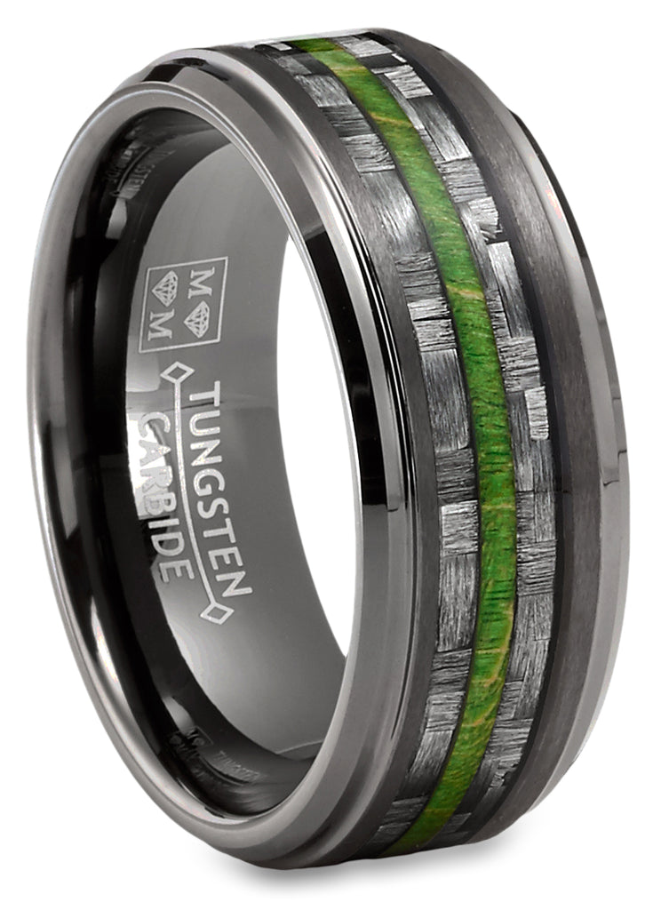 Mens Carbon Fiber Tungsten Carbide Ring Green Wood Wedding Band Gunmetal 8MM