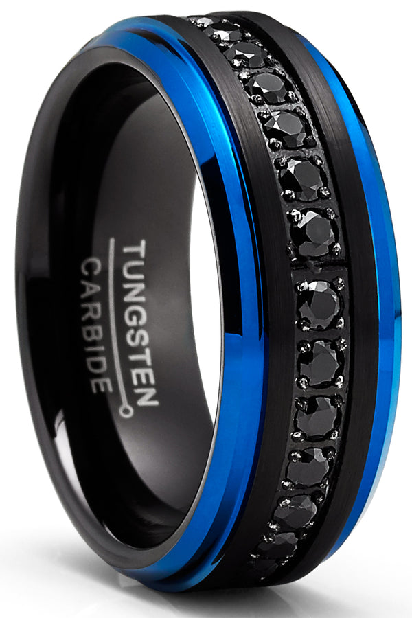 Men Tungsten Two-Tone Wedding Band Black Blue Eternity Ring CZ Comfort-Fit 8MM