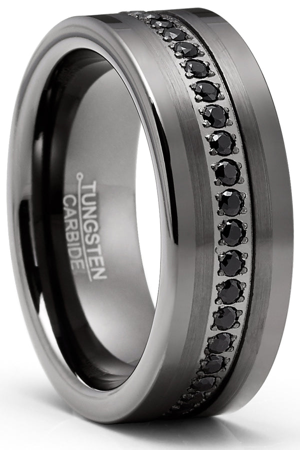 Men's Tungsten Wedding Band Eternity Ring Gunmetal Cubic Zirconia Comfort-Fit 8MM