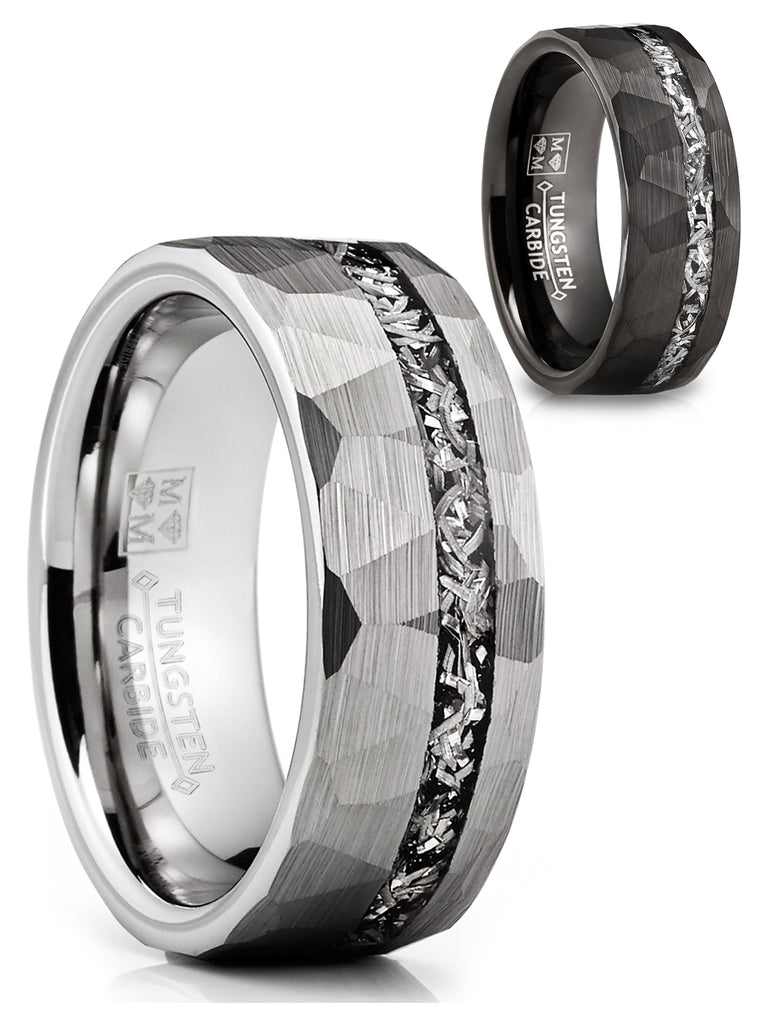 Men's Tungsten Carbide Ring Hammered Meteorite Wedding Band 8MM Silvertone Black