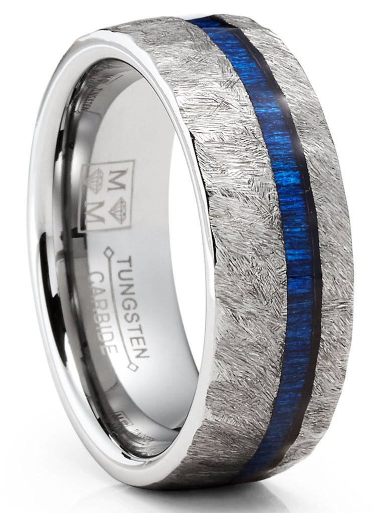 Mens Tungsten Carbide Ring Blue Wood Hammered Wedding Band 8MM Comfort-Fit Silver