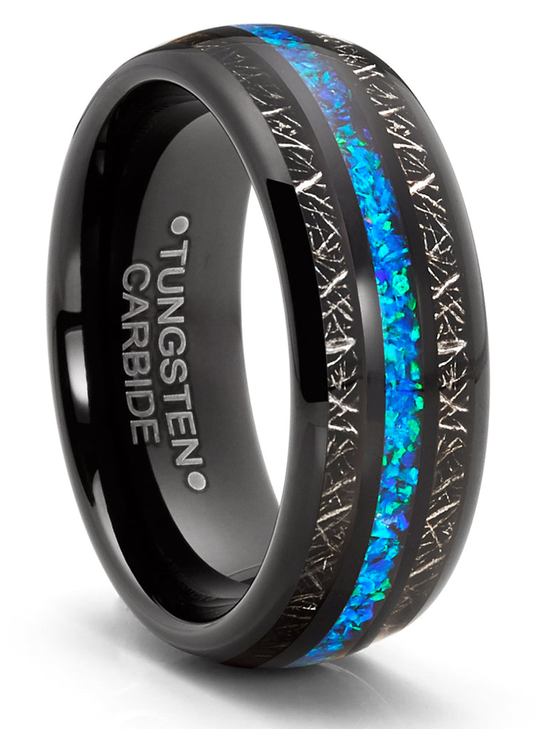 Tungsten Carbide Mens Wedding Band Blue Titanium Shaving Inlay Engagement Ring Black